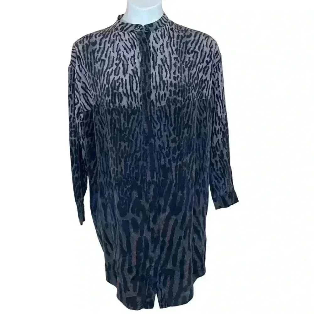 All Saints leopard silk color block long sleeve shirt dress tunic sheer